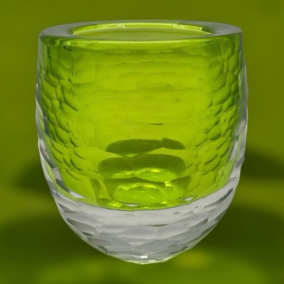 Faceted Green and Clear Art Glass Votive Holder Heavy Quality Glass Collectible - Picture 3 of 15